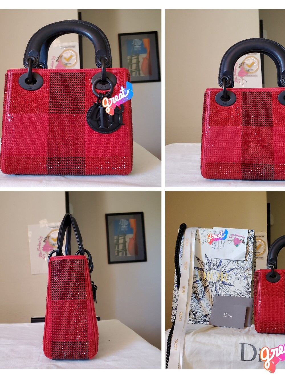 Lady Dior Red And Black Embellished Minj Bag